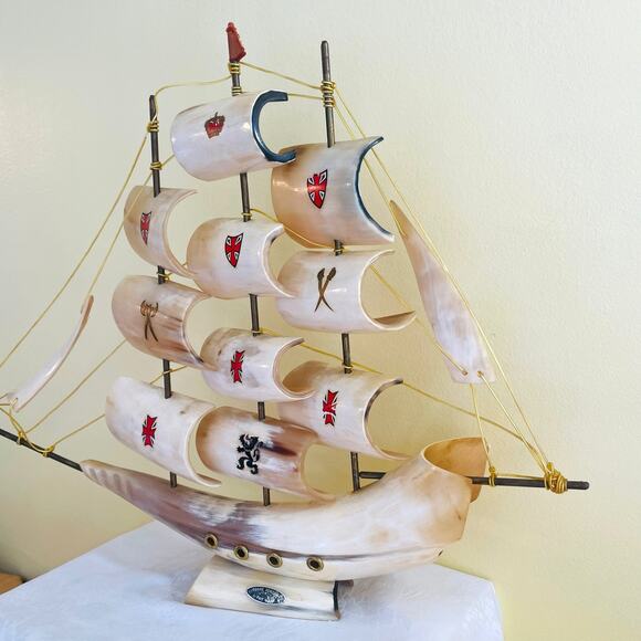 Vtg Handmade Clipper Ship Sailboat Boat Horn Coat of Arms Crest Sailing - Picture 3 of 14